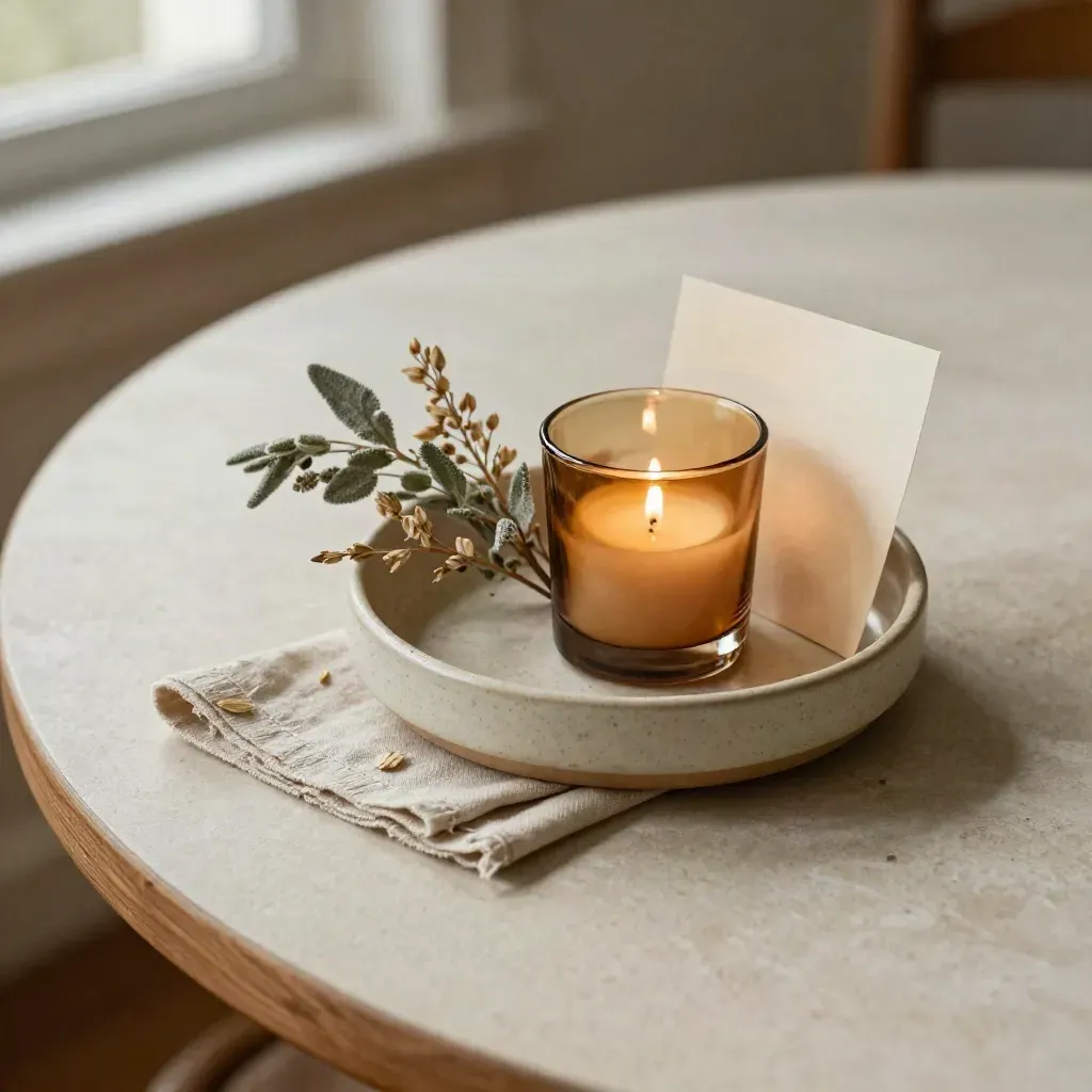 Ceramic centerpiece, linen, votive and sage sprigs on a warm table, macro close-up.