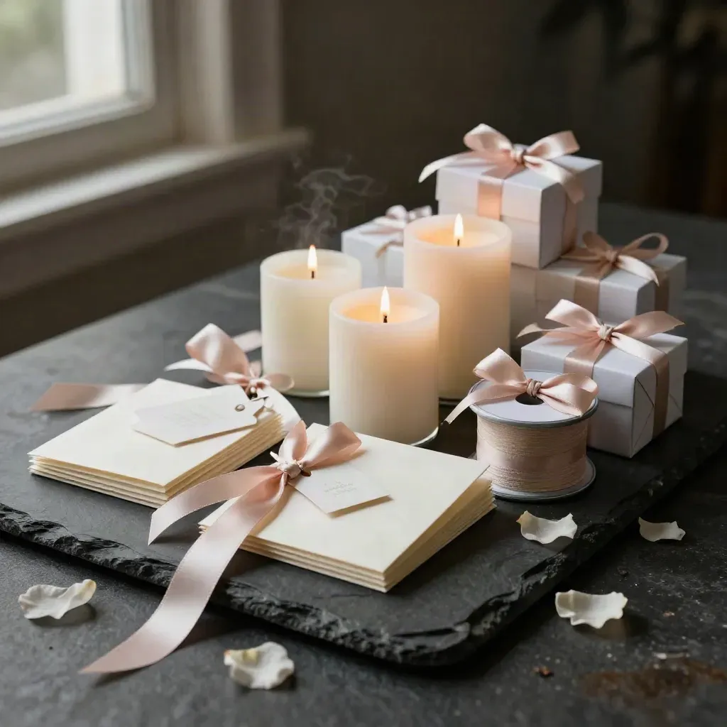 Wedding favor candles, cards, tags, ribbon, and gift boxes on dark stone with blush accents
