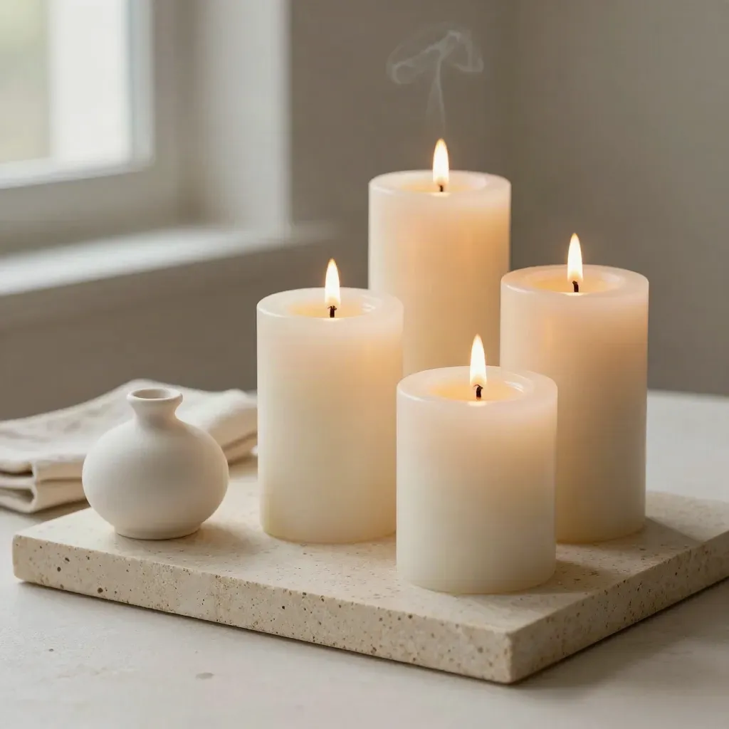 Three lit ivory candles in a stone holder on travertine with soft smoke