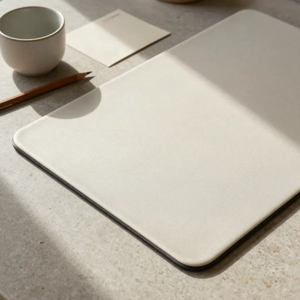 Custom desk pad with folded corner, cup and pencil stub on pale stone surface