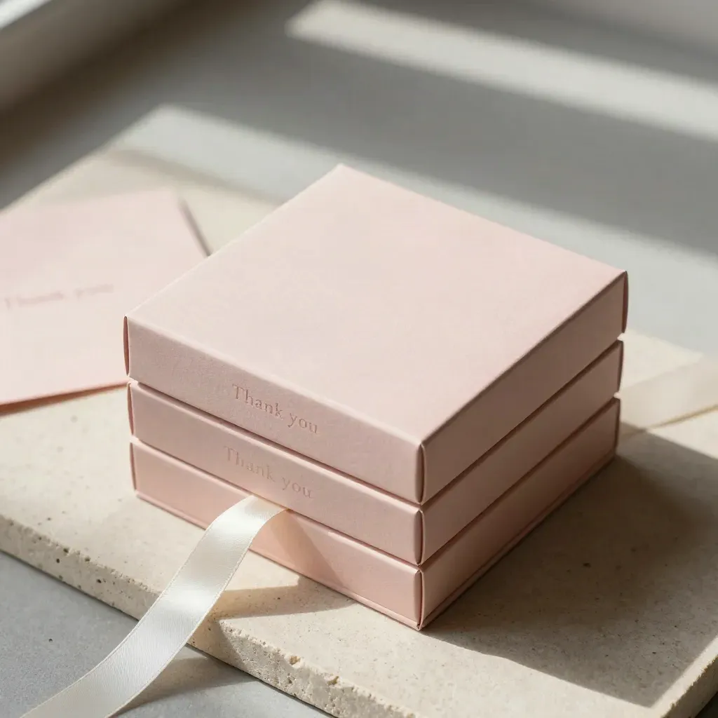 Blush thank-you box set of five with ribbon on pale stone, seen from above.