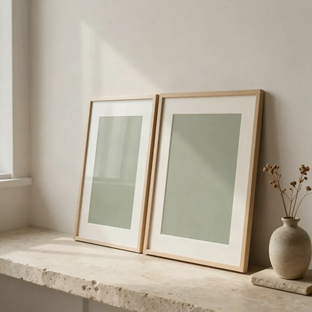 Sage wall print duo leaning against plaster with a vase of dried stems