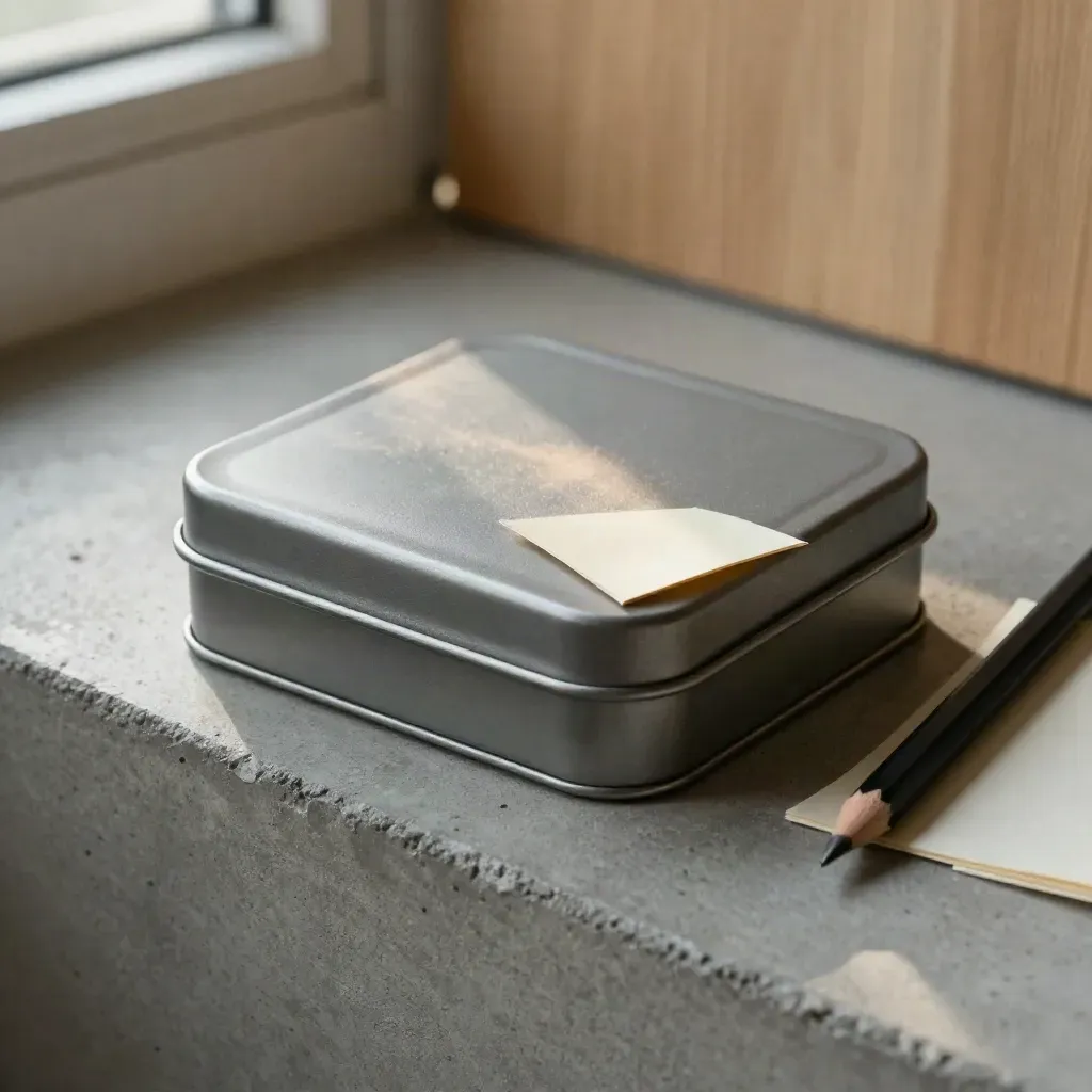 Macro of a matte note card tin with peeking card edge and pencil stub on concrete.