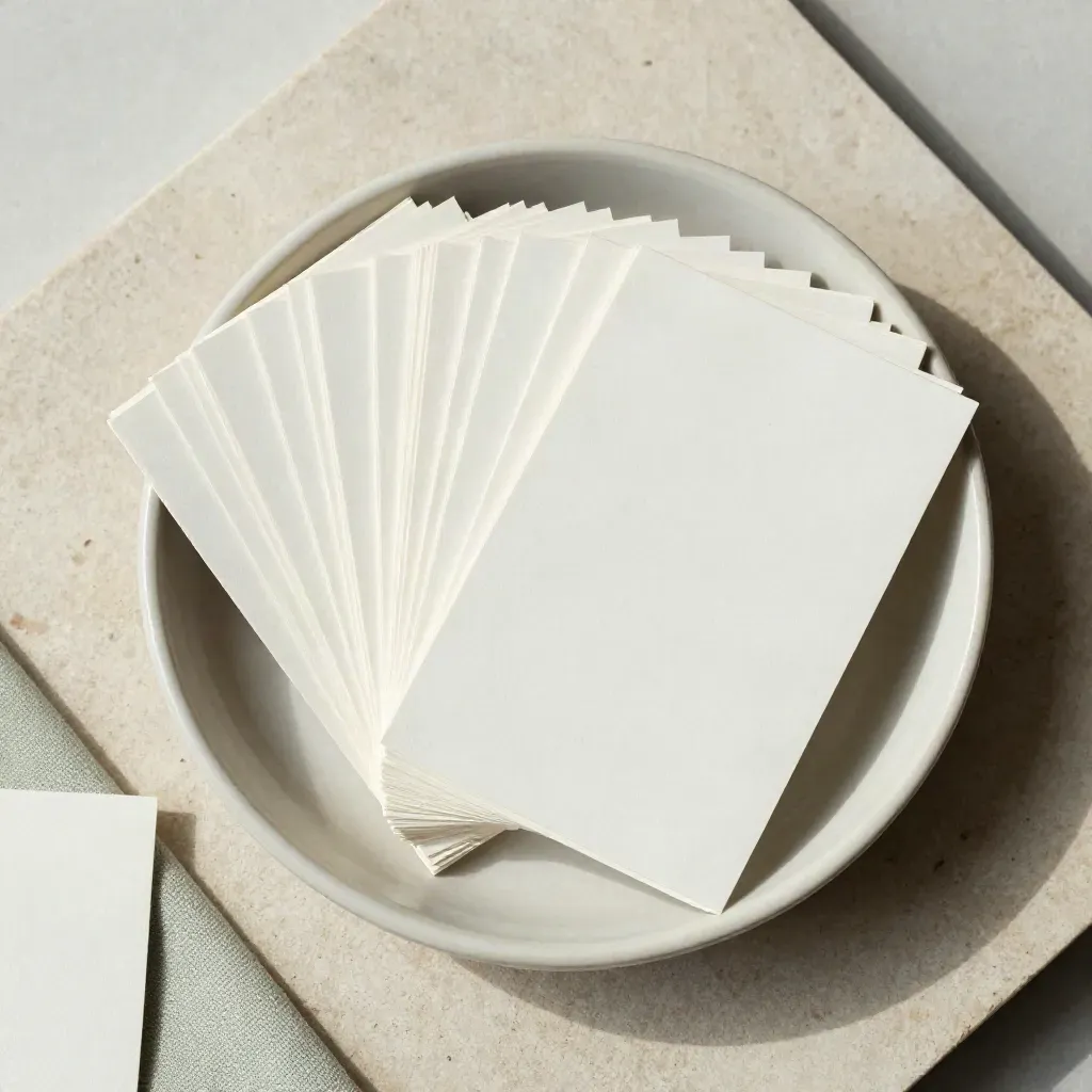 Overhead flatlay of folded blank table name cards in a ceramic dish on stone