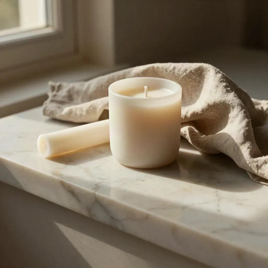 Ivory candle cluster on pale marble in sunlit interior with soft linen and calm copy space.