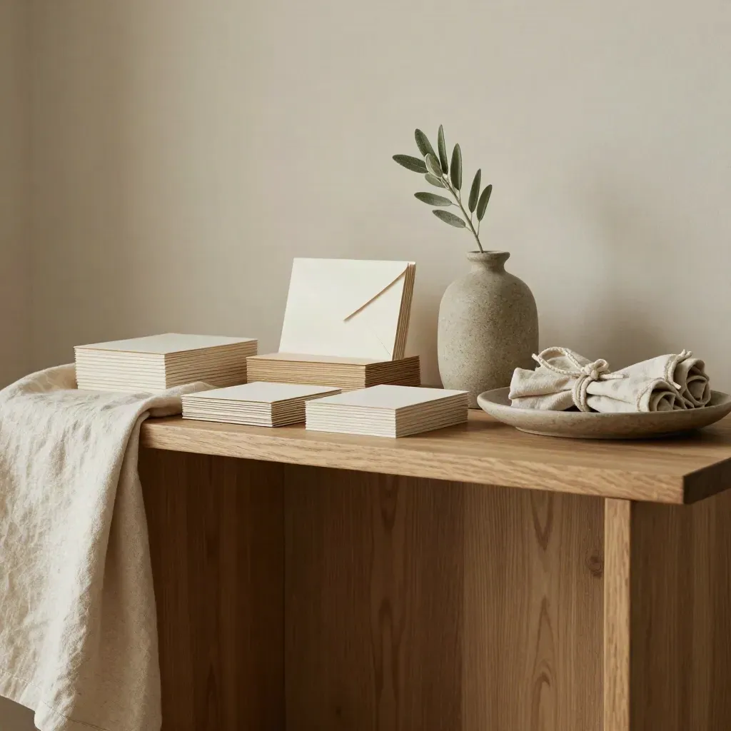 Warm oak console with stationery paper stacks, stone vase, and blurred archway in soft daylight.