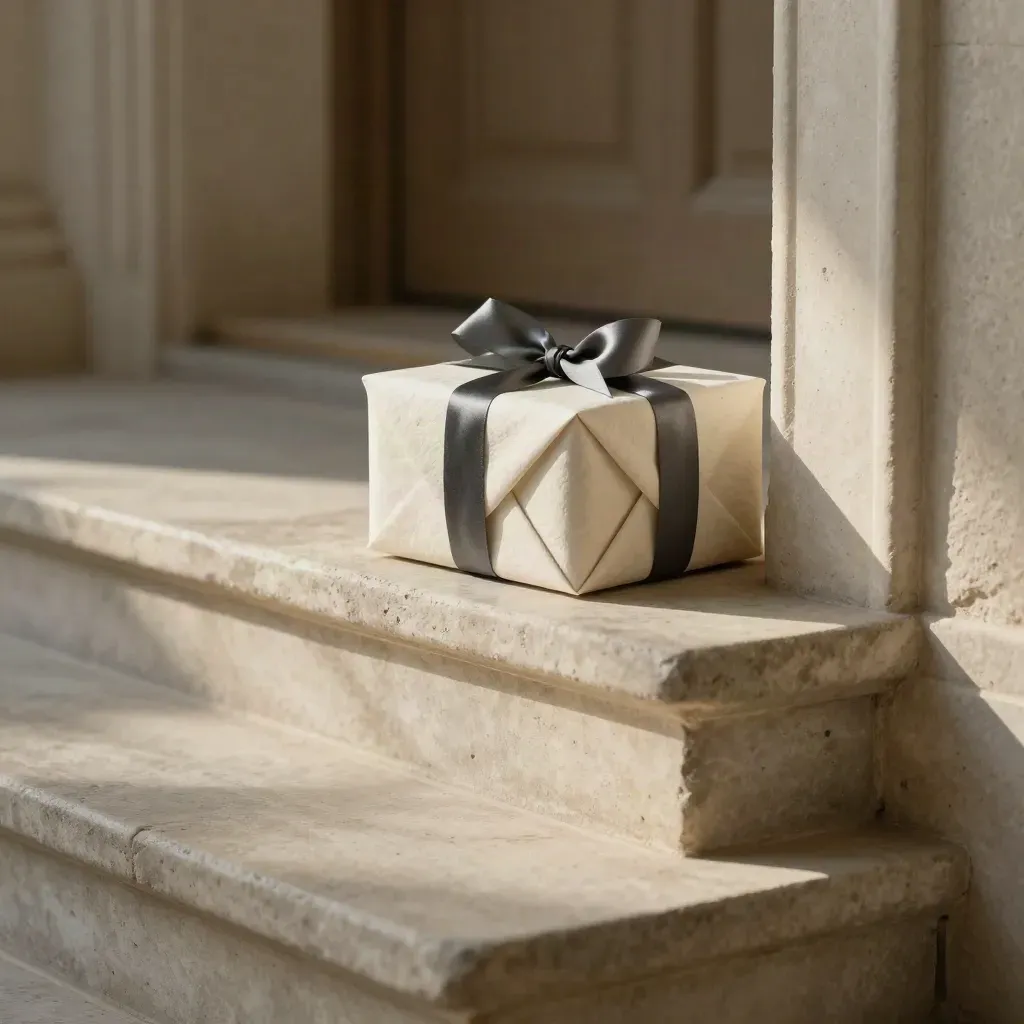 Gift box on a pale stone stair in soft sunlight, with calm copy space below.