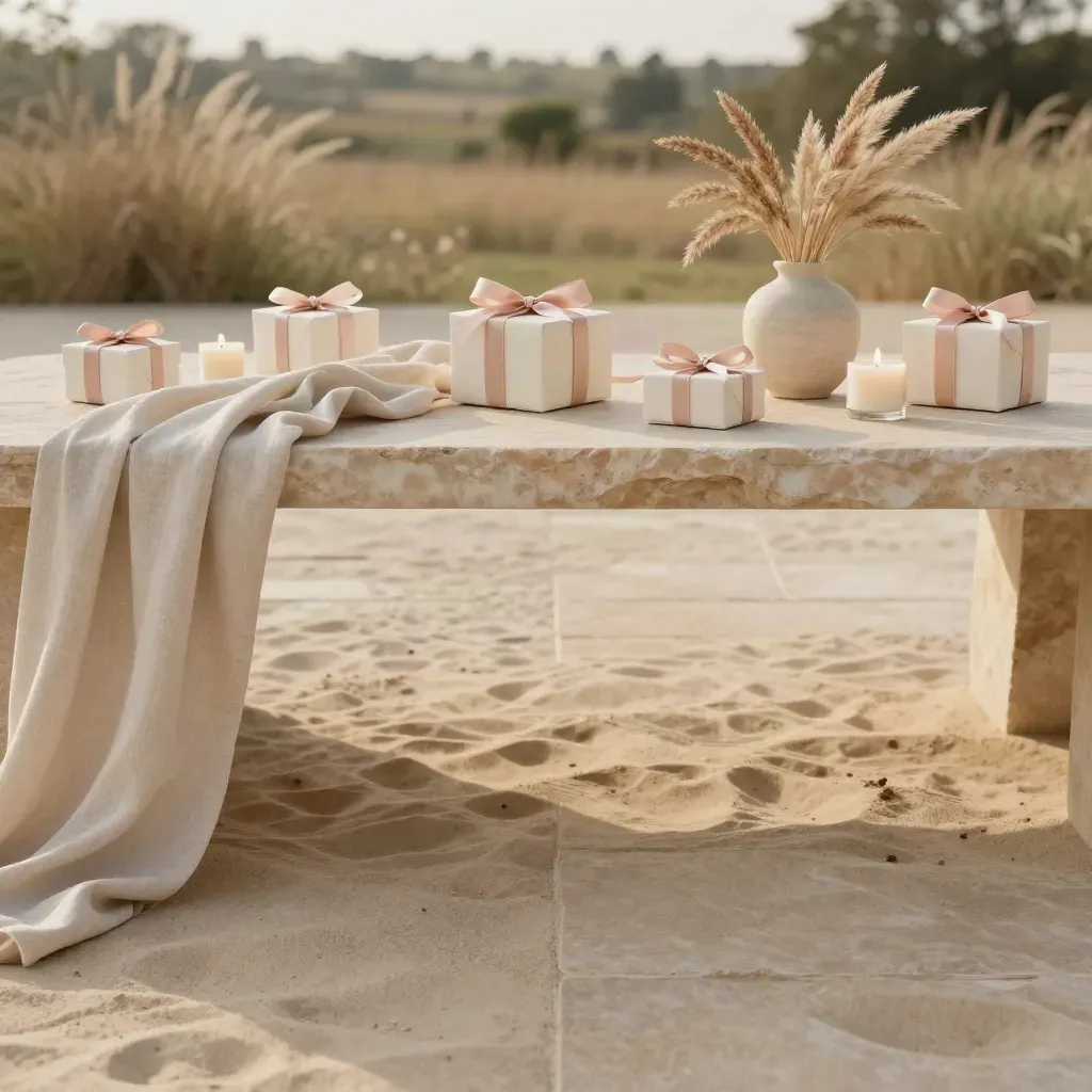 Bridal favor boxes and linen on a breezy terrace with dried grasses and soft garden haze.