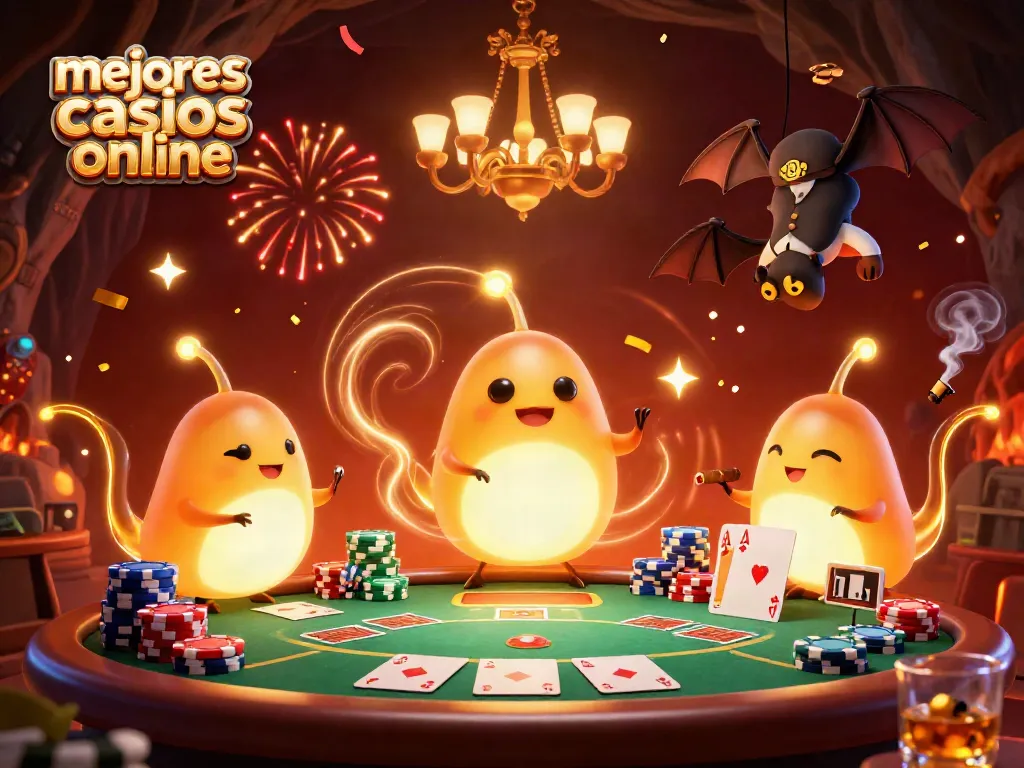 Ilustración de un casino en línea con luciérnagas y un crupier murciélago en acción en los mejores casinos online.