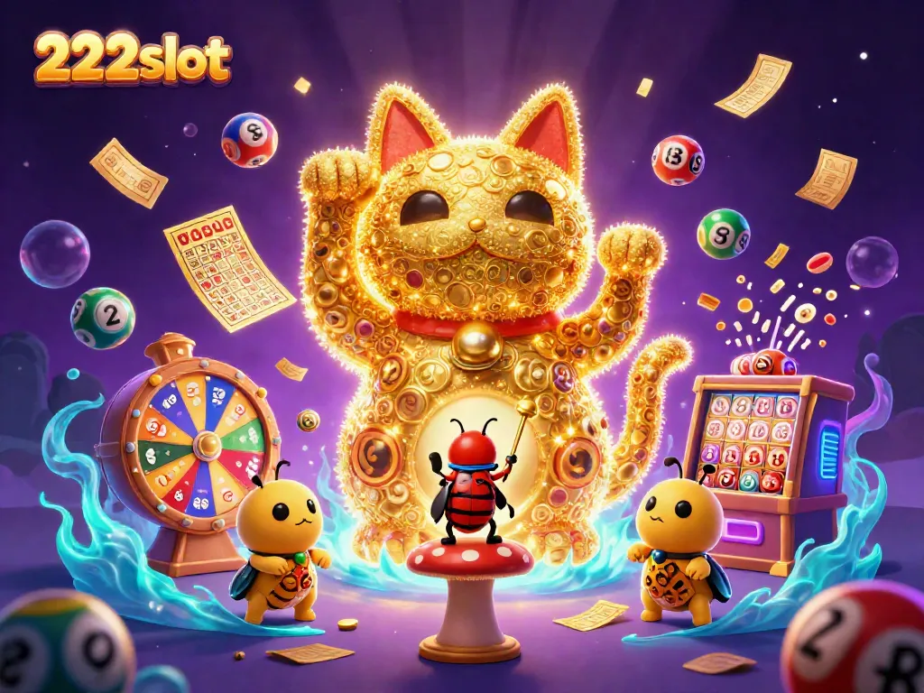 Permainan slot yang menarik di 222slot dengan kucing keberuntungan dan bola lotere berwarna-warni.