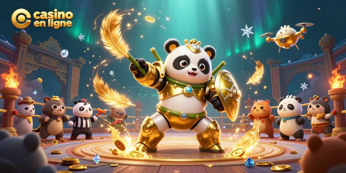 Jouez à des jeux de casino en ligne avec un panda doré présentant des combats animés.