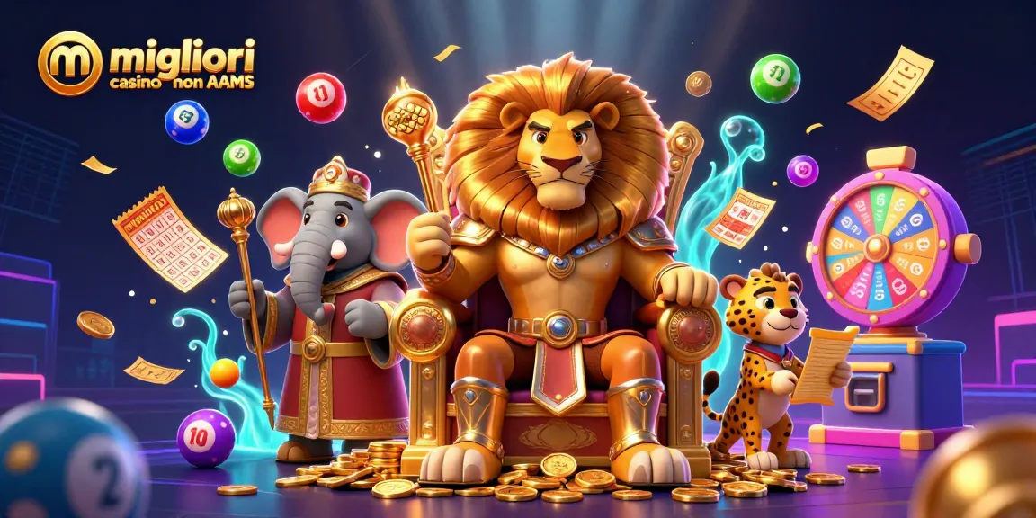 Scopri i migliori casino non AAMS in un'illustrazione dinamica con giochi e premi.