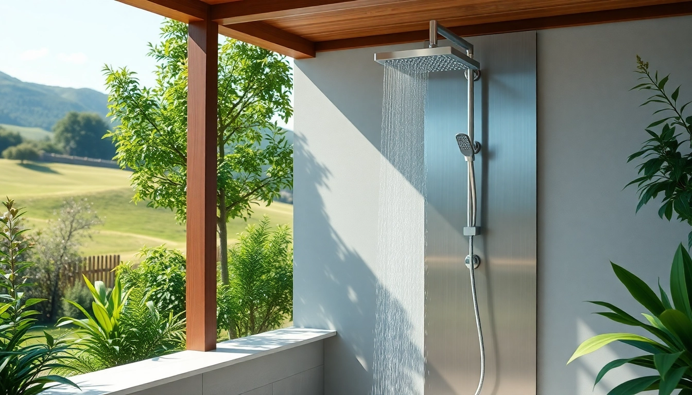 Experience the comfort of sunny shower usa inc with a modern, sleek outdoor shower in a serene setting.