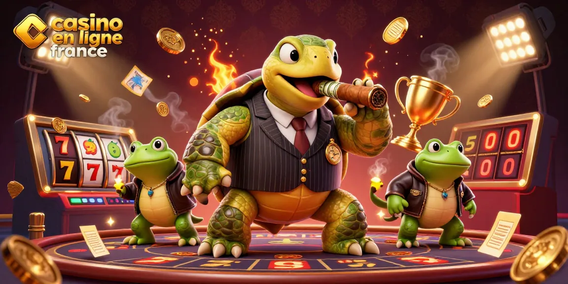 Illustration d'une tortue de casino en ligne France, flanqué de grenouilles en cuir, entourée de rouleaux de machines à sous et de lumières éblouissantes.