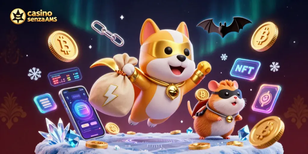 Gioca nei casino senza AAMS, con simboli di poker e monete dorate volanti.
