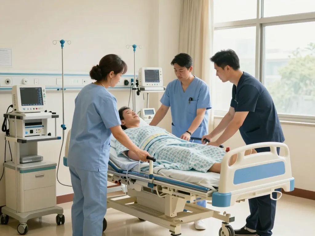 giường bệnh nhân being adjusted by healthcare professionals, ensuring patient comfort and recovery.