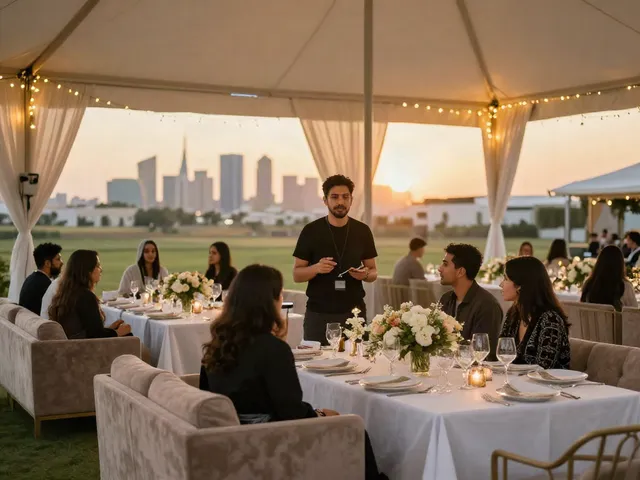 Event rental ksa outdoor setup with elegant marquee and lounge seating at sunset