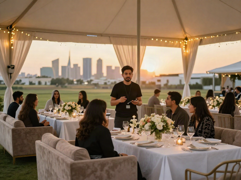 Event rental ksa outdoor setup with elegant marquee and lounge seating at sunset