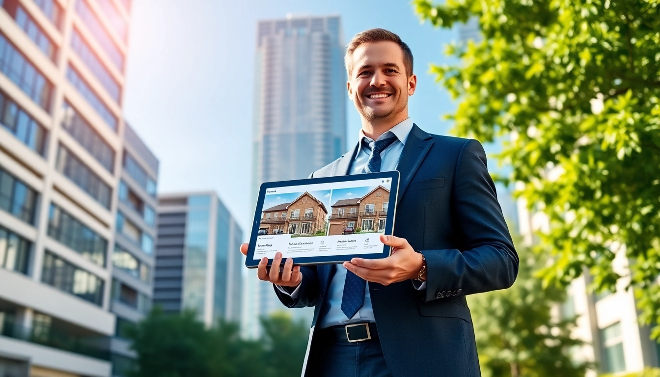 Highlighting Real Estate agent displaying listings in a vibrant urban setting with buildings.