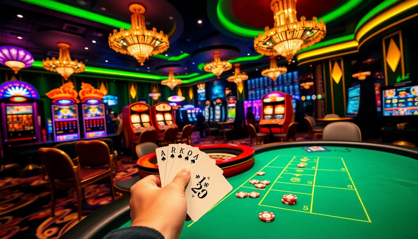 Joueurs engagés profitant du casino en ligne argent réel France avec des jetons de poker, des cartes et des machines à sous vibrantes.