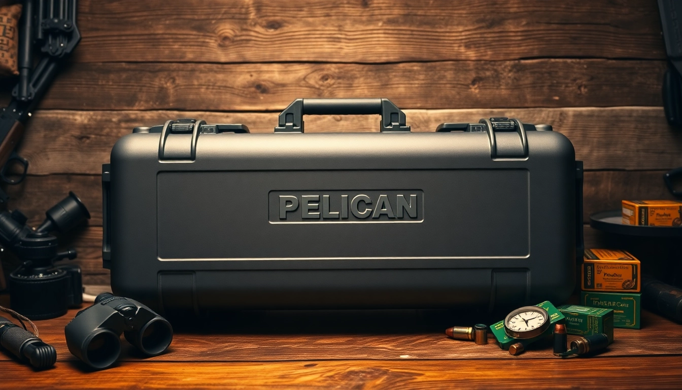 Showcase of a pelican rifle case with hunting gear, highlighting its durability and rugged design.