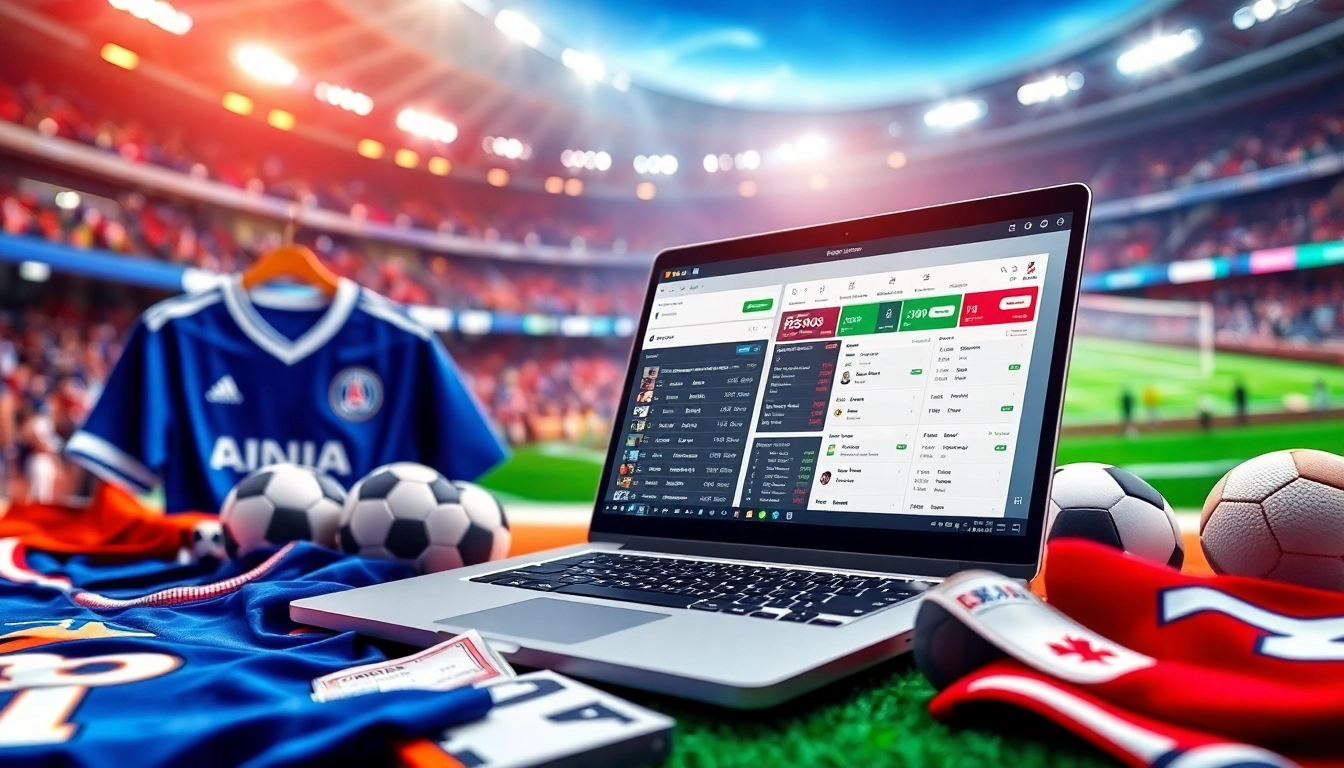 Engaging scene showing sports betting with online sportsbooks Canada on a laptop and team jerseys.