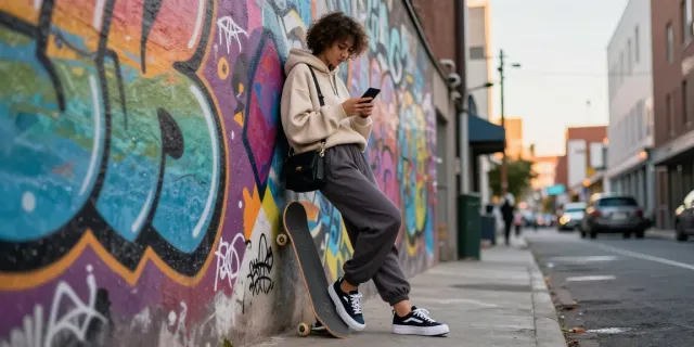 Stylish individual in rokok88 streetwear against urban backdrop