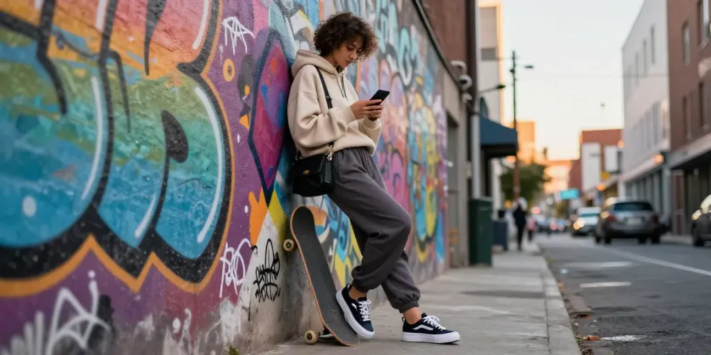 Stylish individual in rokok88 streetwear against urban backdrop