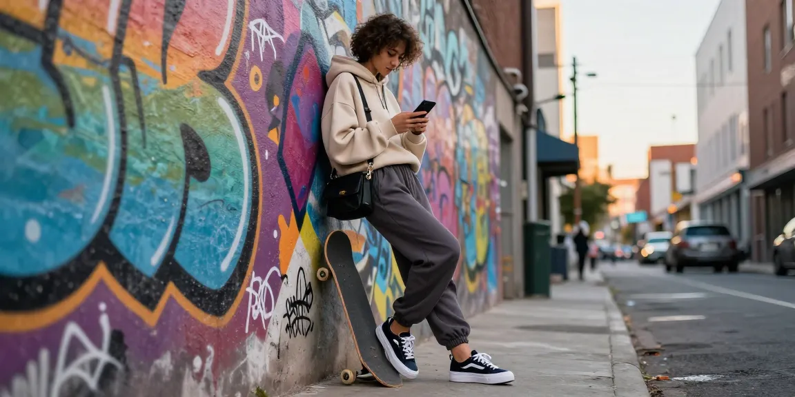 Stylish individual in rokok88 streetwear against urban backdrop