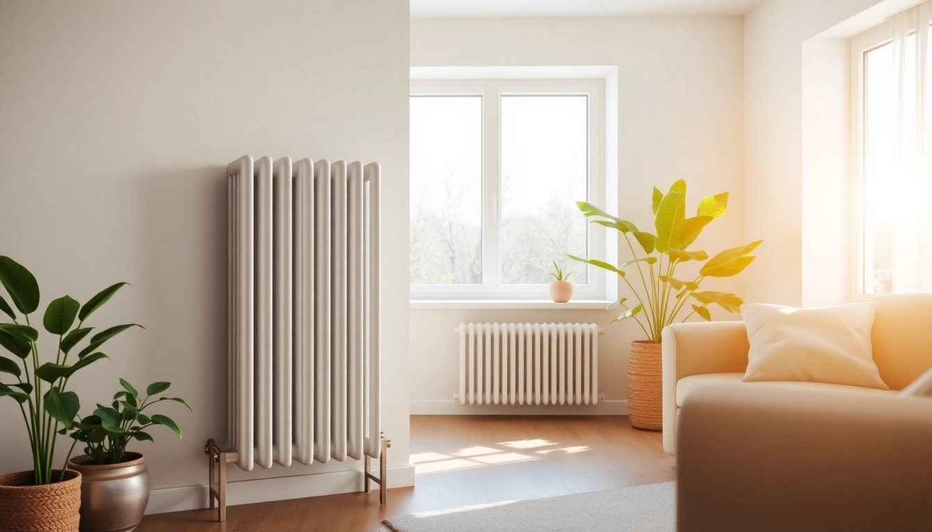 Heizkörper zeigt modernes Design in einem hellen Wohnzimmer mit sonnigem Fenster.