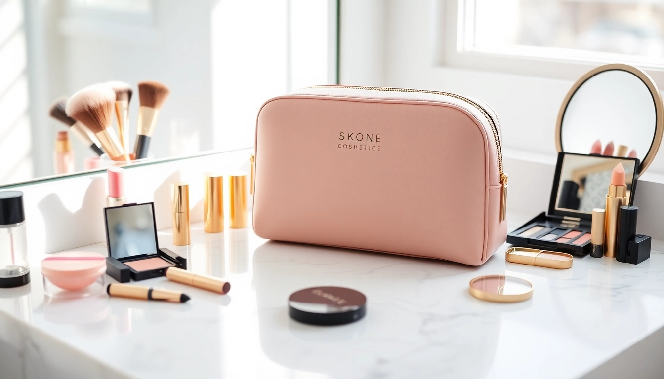 Showcasing the skone cosmetics signature makeup bag with luxury beauty essentials on a marble vanity.