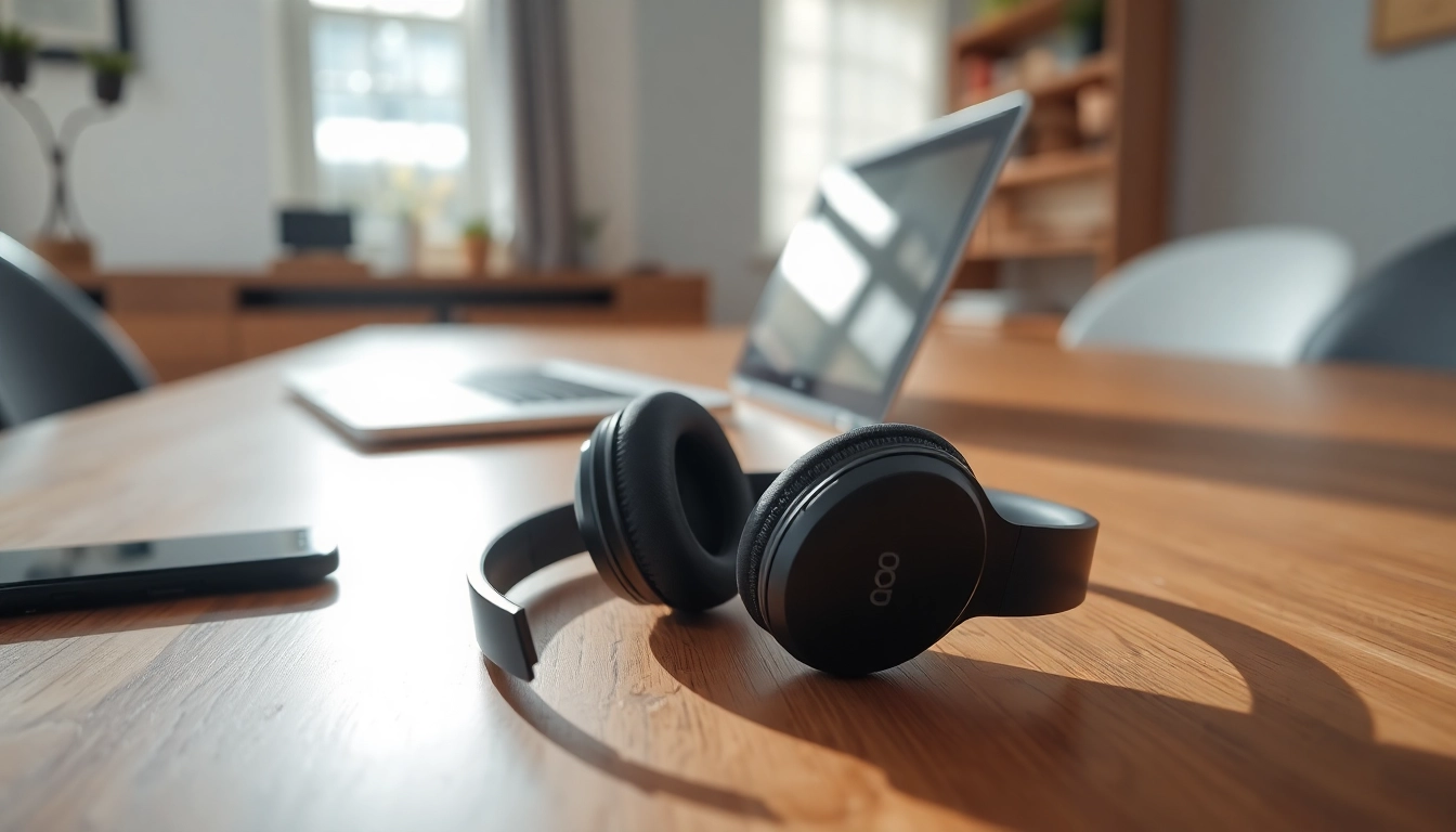 Showcase the Bone X2 Bone Conduction Headphones on a stylish wooden table, blending technology with modern workspace.