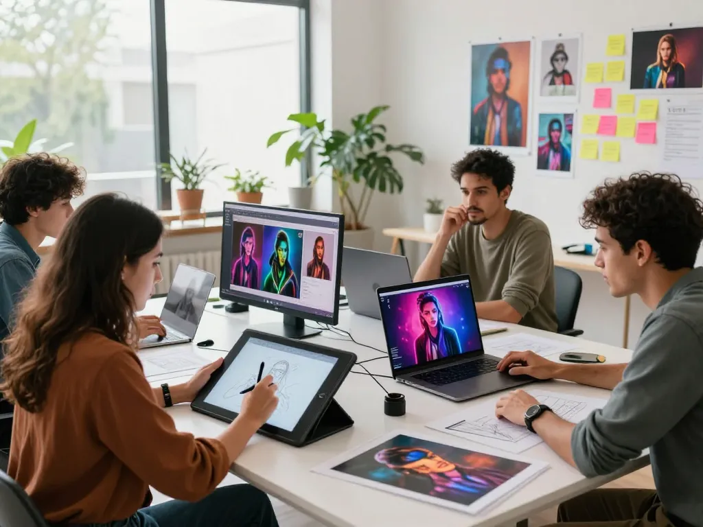 Creative team collaborating on AI porn concepts, showcasing digital art and brainstorming in a modern studio.