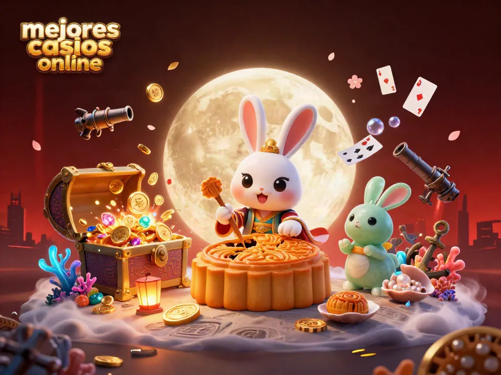 Explora los mejores casinos online con el conejo de la luna y fichas de póker en un escenario vibrante.
