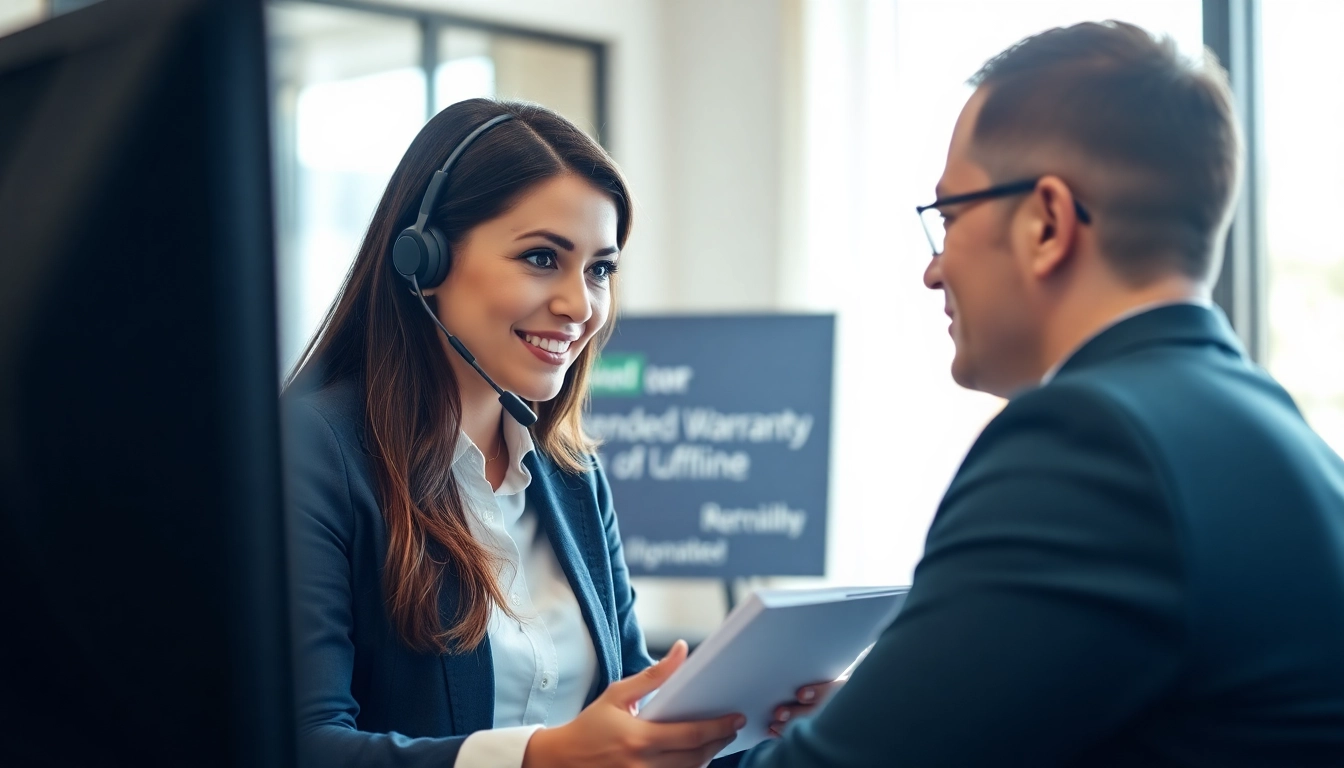 Engaging service representative discussing an extended warranty provider with a client in a modern office setting.