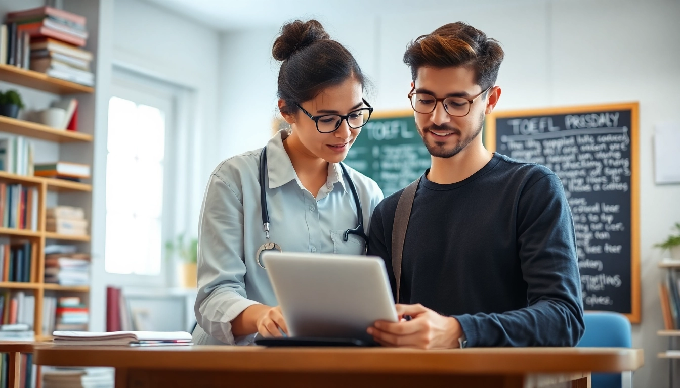Offering TOEFL expert help in an engaging study environment with a consultant and student interaction.