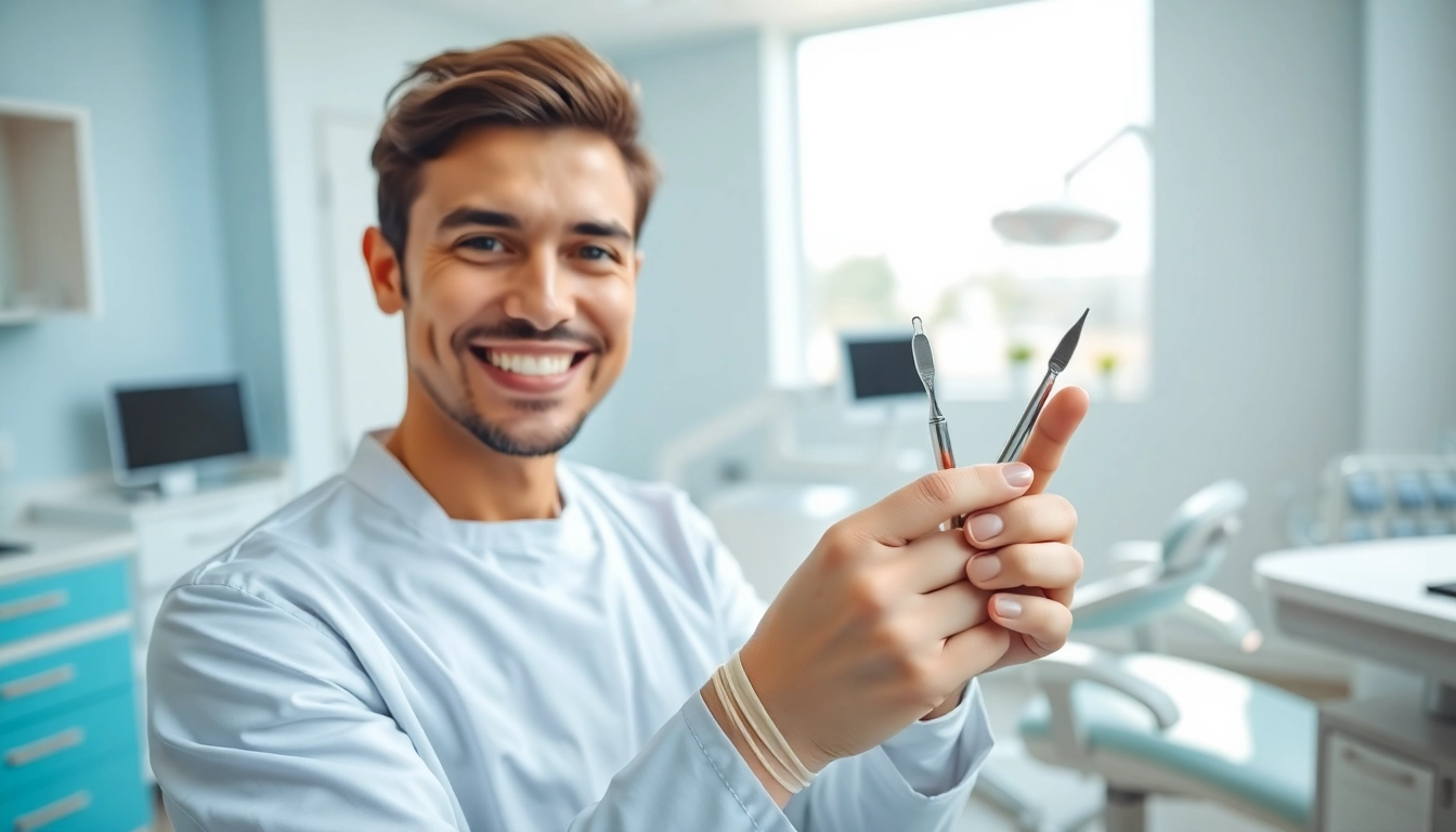 Dentist smiling in modern clinic, showcasing approachability and dental care tools.