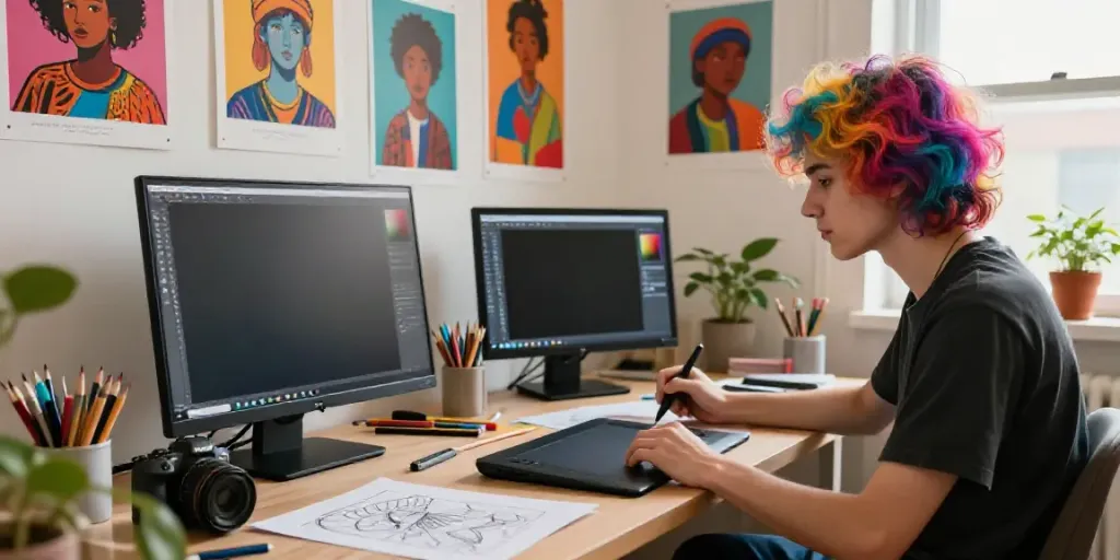Creating beautiful art with an affordable AI digital art generator in a vibrant studio.