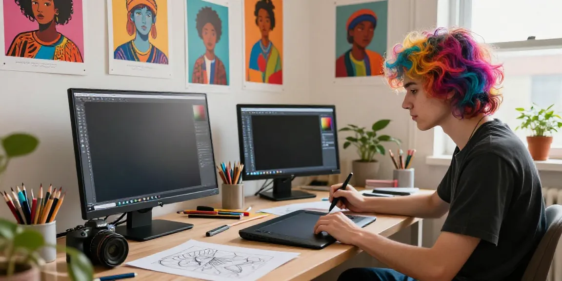 Creating beautiful art with an affordable AI digital art generator in a vibrant studio.