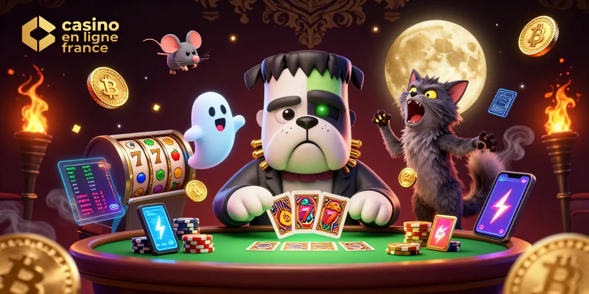 Jouez aux cartes avec le casino en ligne France dans une scène animée entre un bulldog Frankenstein et un chat loup.