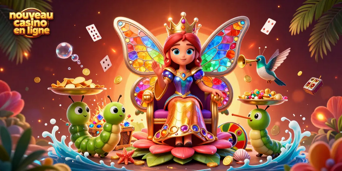 Nouveau casino en ligne : jouez avec cette illustration colorée de la reine papillon au fauteuil royal et aux jetons d'or.