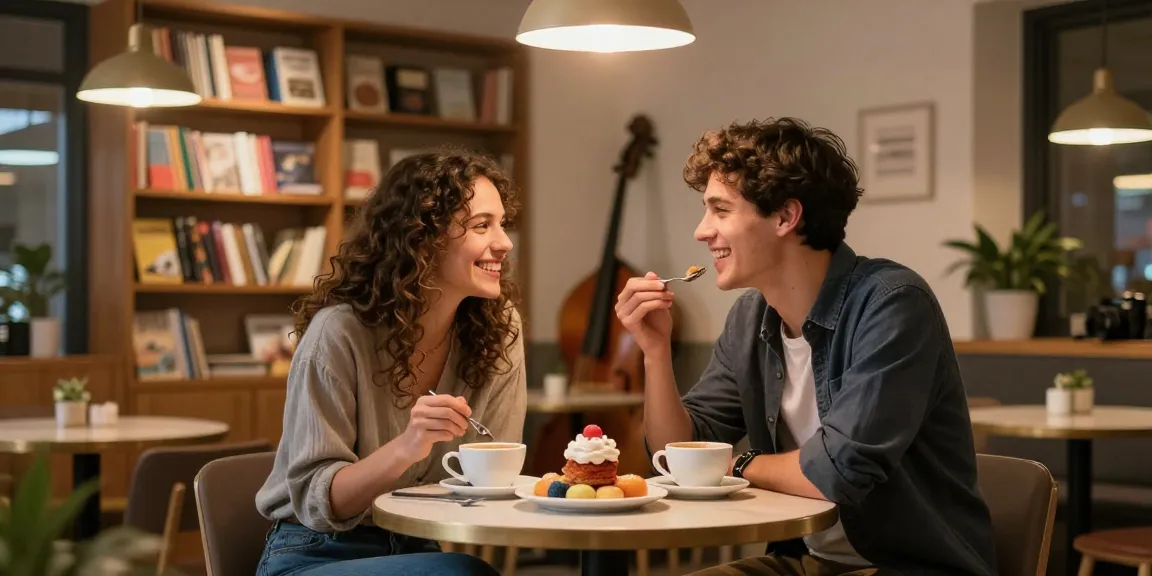 Couple sharing a dessert in a cozy café, reflecting the theme of crush on love.