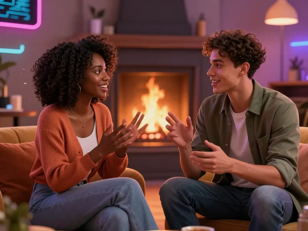 Engaging AI chat porn experience featuring diverse characters in a cozy digital lounge.
