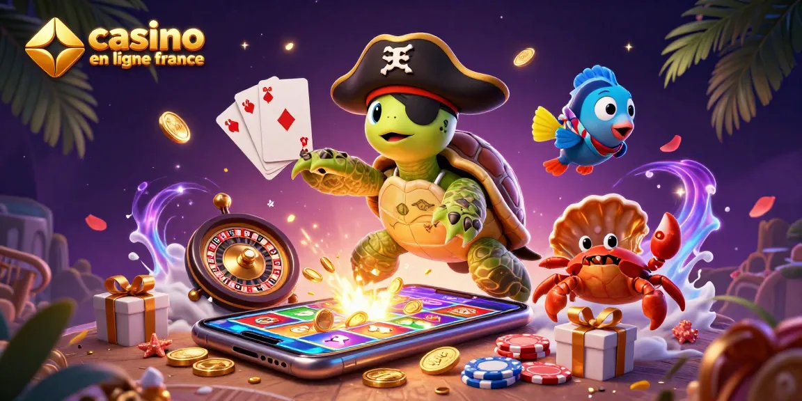 Illustration dynamique de casino en ligne France avec une tortue pirate, un crabe hermite et un poisson perroquet au-dessus d'un trésor.