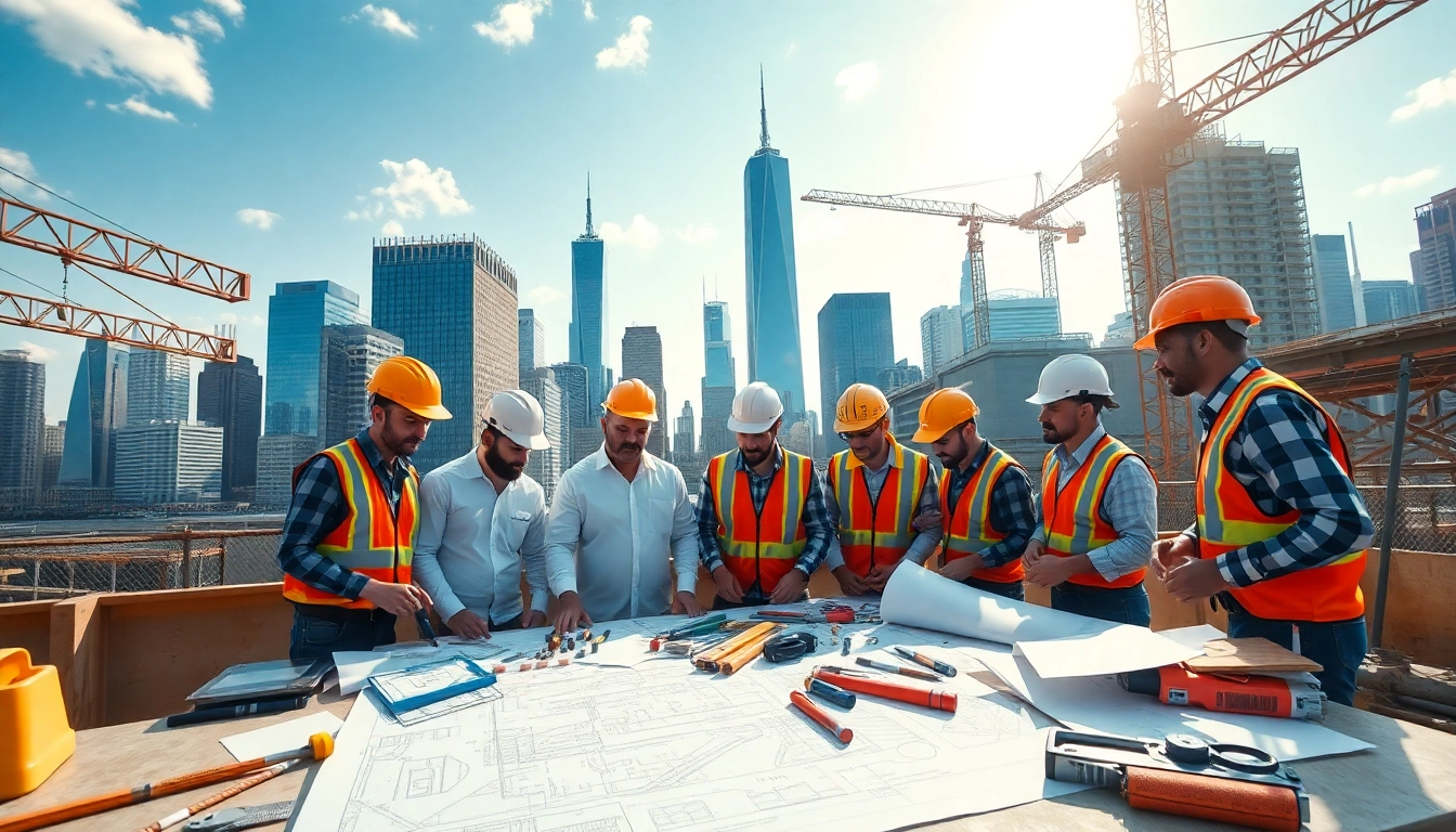 New York Commercial General Contractor team collaborating on construction plans at a busy site.