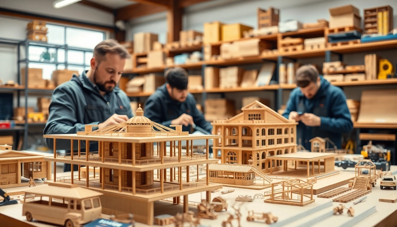 Industriemodellbau zeigt präzise Modellbauer in einem hellen Atelier mit detaillierten Miniaturstrukturen.