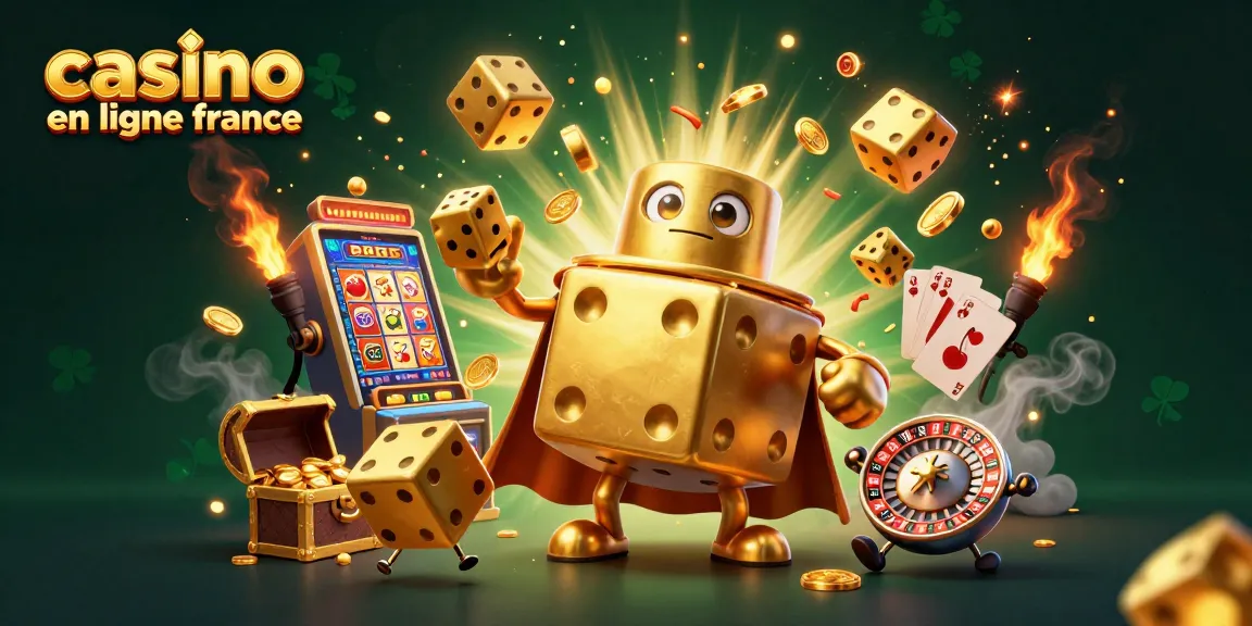 Casino en ligne France : illustration 3D colorée avec dés dorés, machine à sous et éléments de jeu.