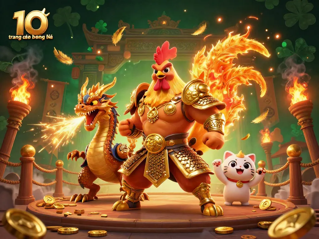 Các trang cá độ bóng đá uy tín được thể hiện sống động với hình ảnh chiến binh gà chọi và rồng trong đấu trường.