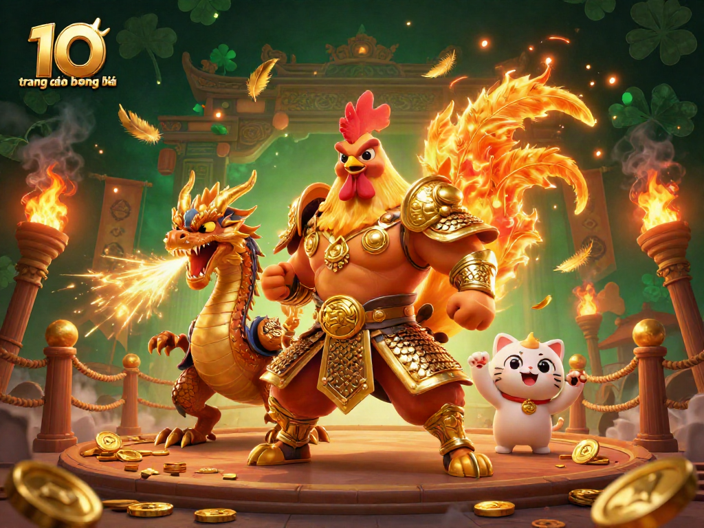 Các trang cá độ bóng đá uy tín được thể hiện sống động với hình ảnh chiến binh gà chọi và rồng trong đấu trường.