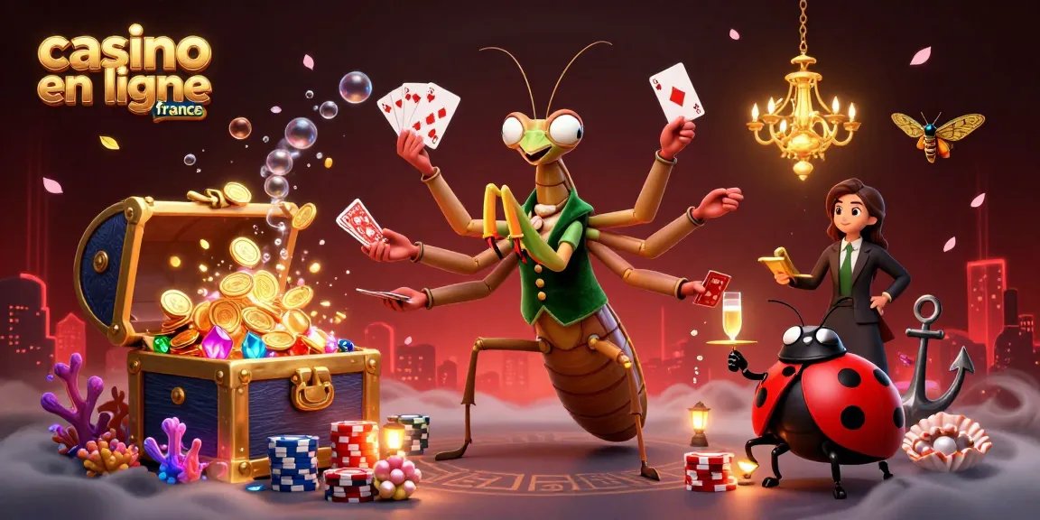 Illustration dynamique de casino en ligne France avec caméléon géant et coccinelle gérant les jeux.